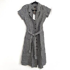 QUINCE XS 100% European Linen Button Front Dress in Classic Gingham Midi Belted